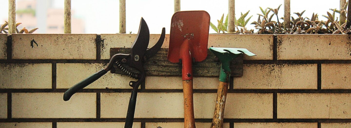 Clipping shears, a spade, and a small hoe