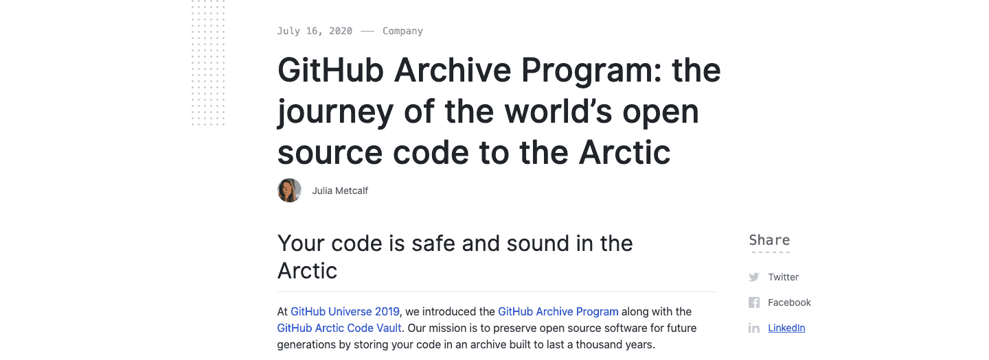 Screenshot of GitHub Archive Program blog article