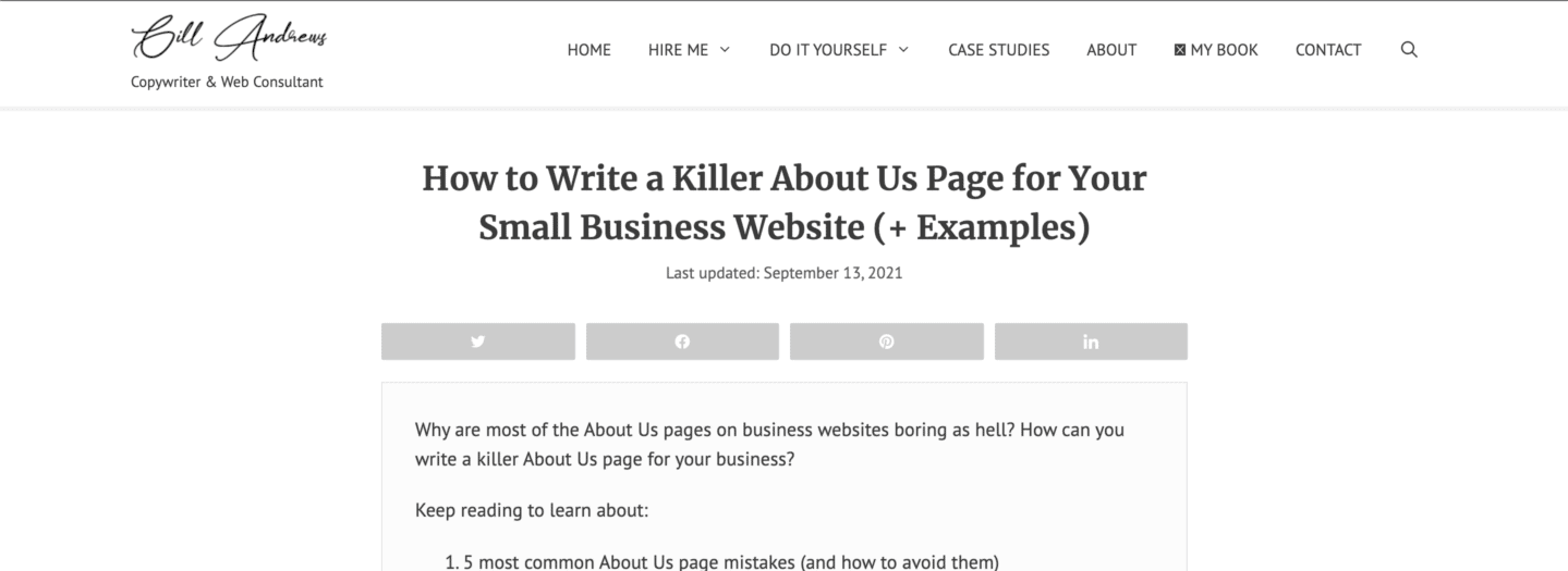 Screenshot of Gill Andrews' "How to Write a Killer About Us Page for your Small Business Website" article