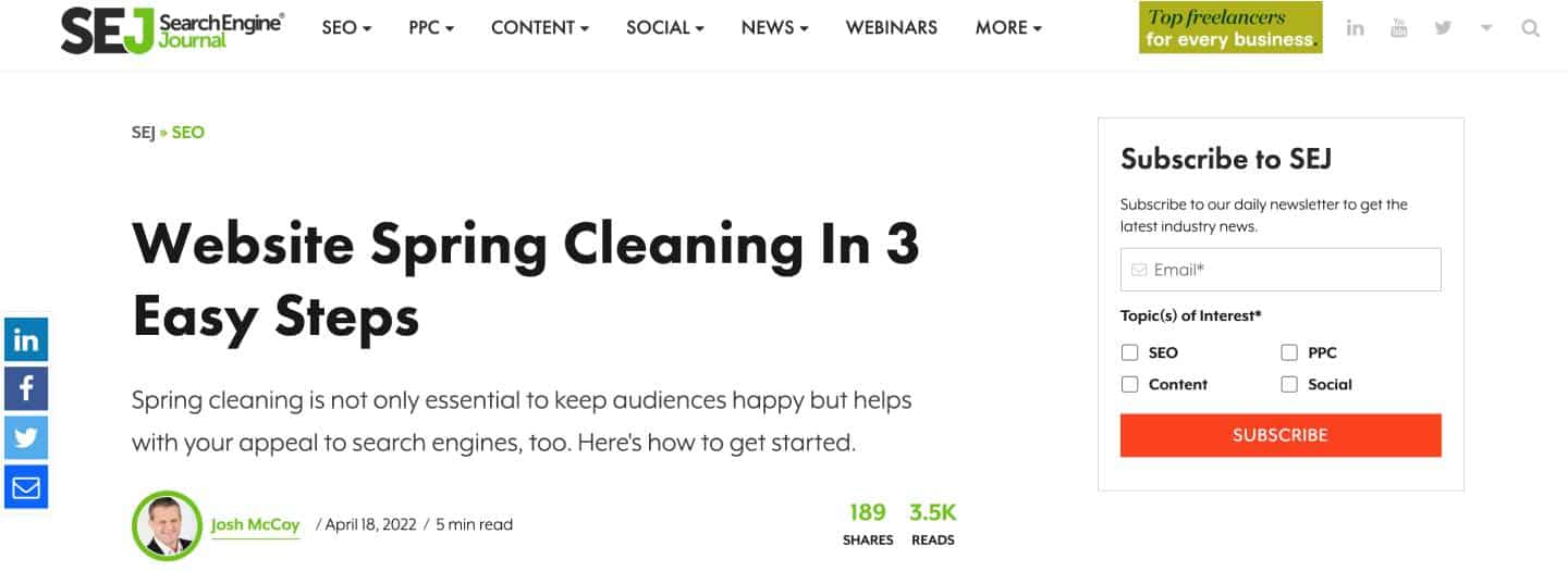 Screenshot of a Search Engine Journal article titled "Website Spring Cleaning in 3 Easy Steps"