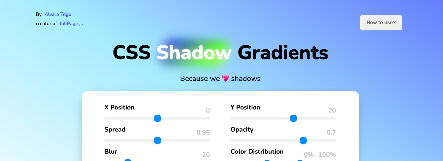 Screenshot of the homepage of CSS Shadow Gradients